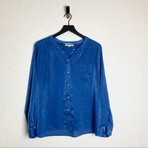 Two by Vince Camuto Solid Sateen Mandarin Blouse Iridescent Long Sleeve Women M